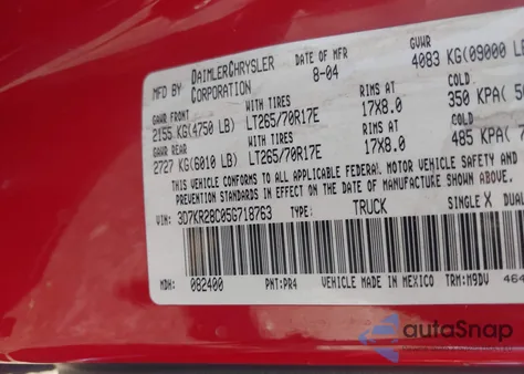 2005 Dodge Ram 2500 Slt from USA, damaged, VIN 3D7KR28C05G718763